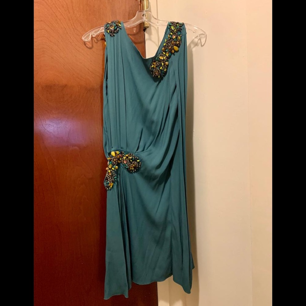Philosophy green rhinestone draped beaded dress!